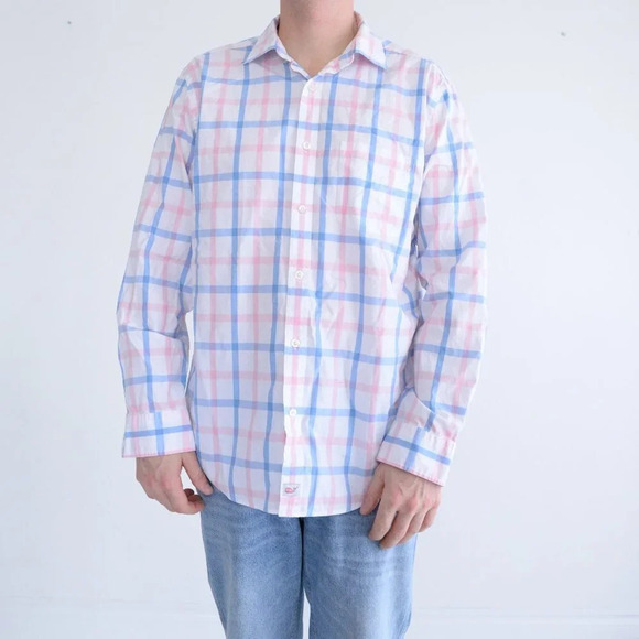 Vineyard Vines White Pink Blue Checker Classic Fit Murray Shirt 100% Cotton Shir - Picture 1 of 14